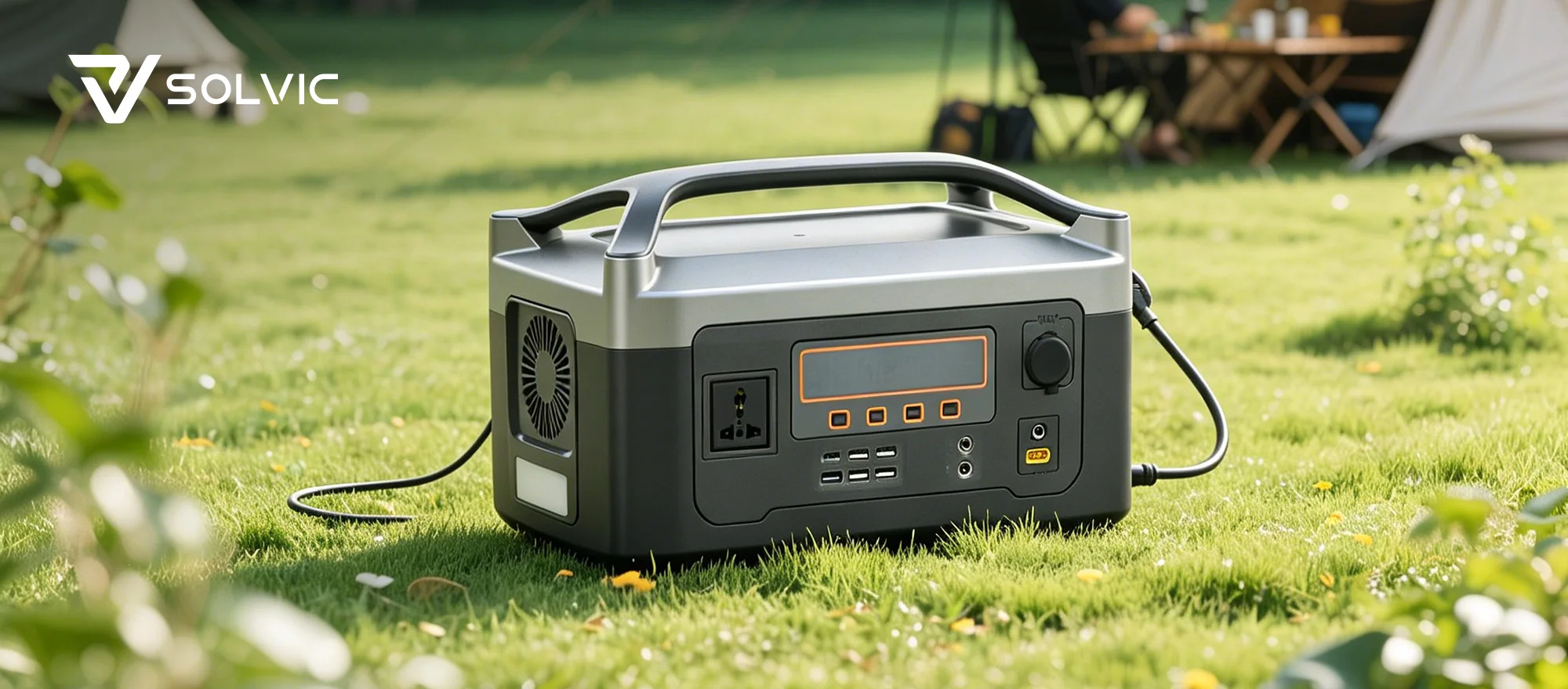 Single handle 600W-1500W portable power station outdoor travel banner – hiking and camping scene with backpack and tent, powering devices in remote nature for solo adventure